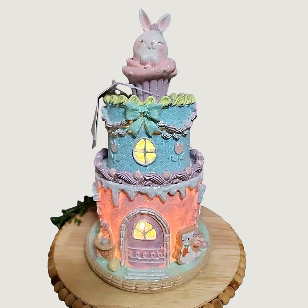 Easter Cake Cupcake Gingerbread House Bunny Pastel LIGHT UP Tabletop Decor 10.5"